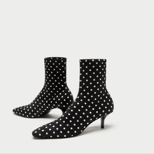 Zara B&W Polka Dot Kitten Heel Sock Boots